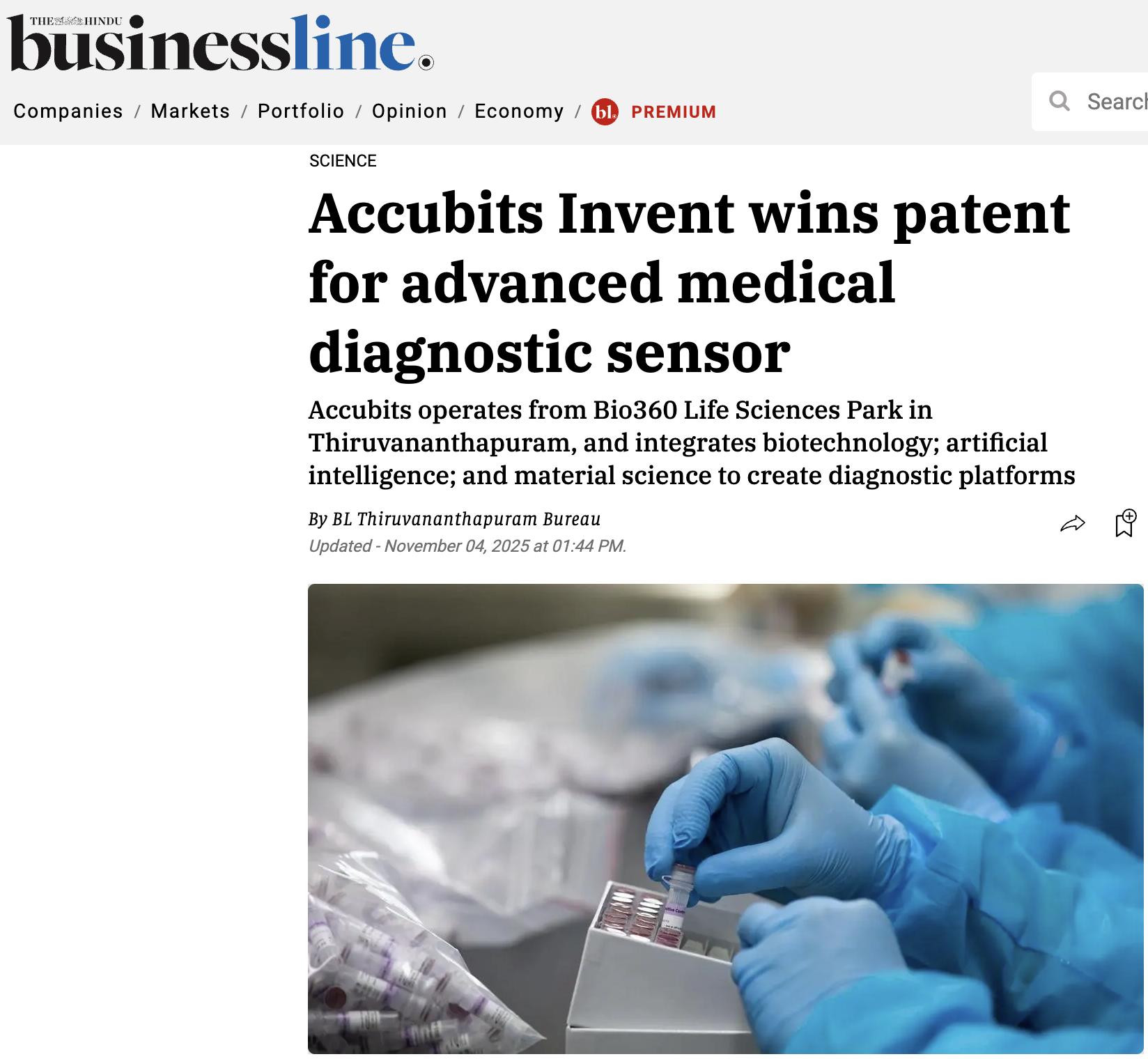 Hindu Business Line article on advanced medical diagnostic sensor patent